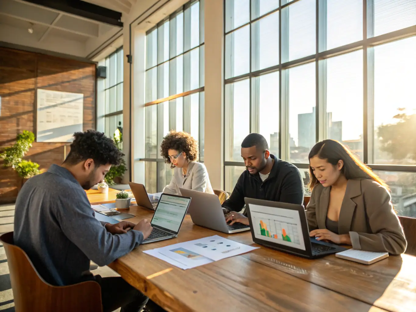 A diverse group of professionals collaborating around a digital interface displaying various learning modules and progress tracking, symbolizing Wizie's collaborative learning environment.
