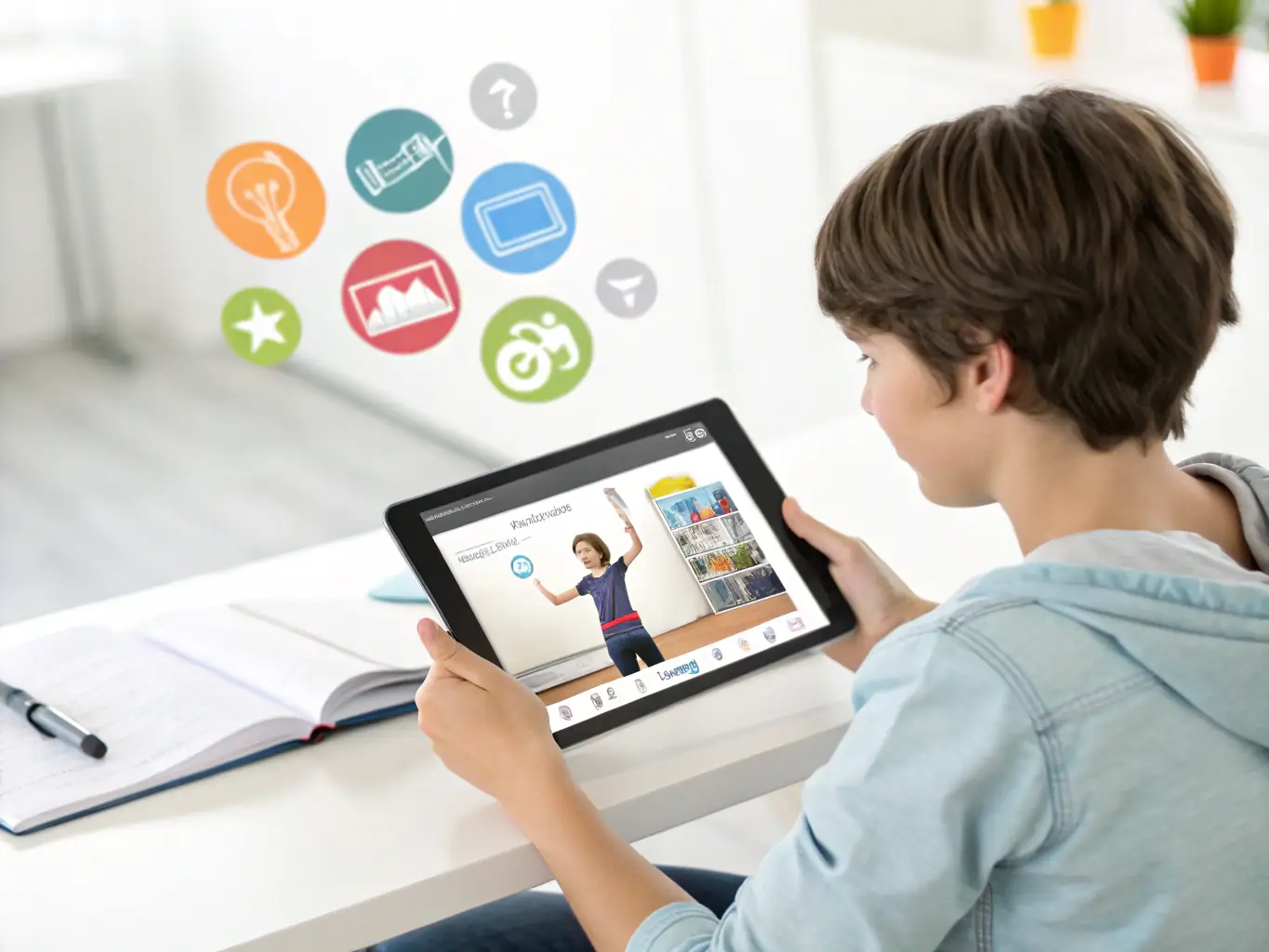 An individual using the Wizie platform on a tablet, showcasing the platform's accessibility and personalized learning experience.